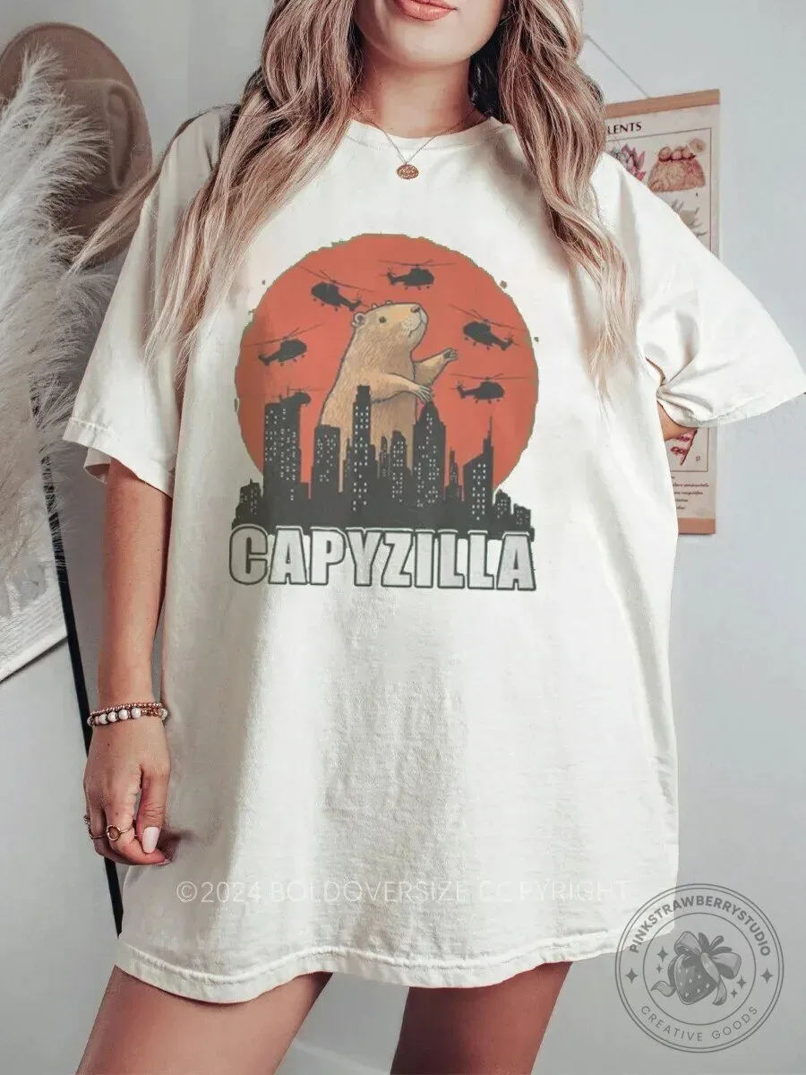 Vintage Capybara Capyzilla City Attack Funny Animal Graphic T-Shirt