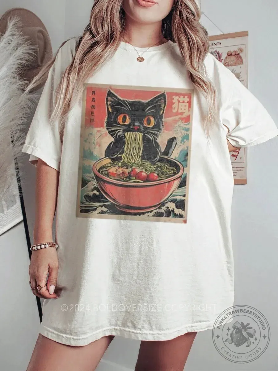 Vintage Japanese Black Cat Eating Ramen Noodles Graphic T-Shirt
