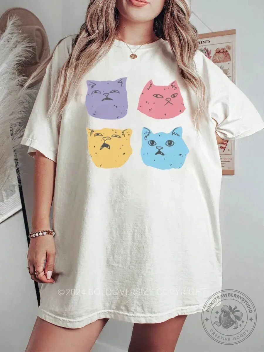Vintage Cat Faces Graphic T-Shirt, Funny Feline Pop Art Style Tee